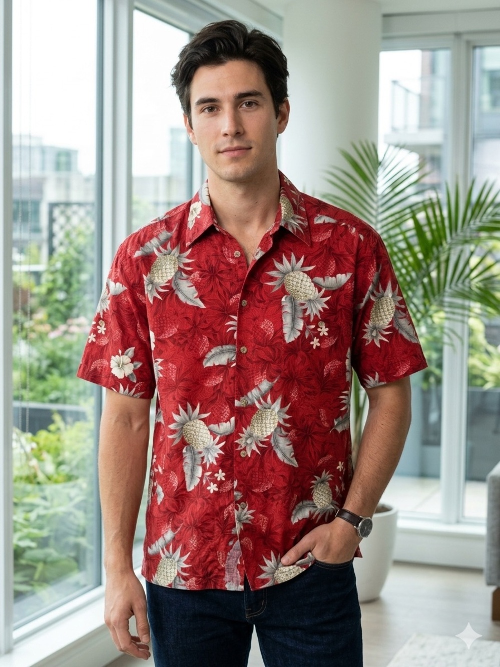 Pierre Cardin Men's Red Tropical Pineapple Short-Sleeve Button-Down Shirt size m